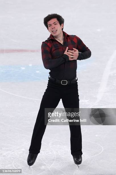 Keegan Messing of Team Canada reacts during the Men Single Skating Free Skating on day six of the Beijing 2022 Winter Olympic Games at Capital Indoor...