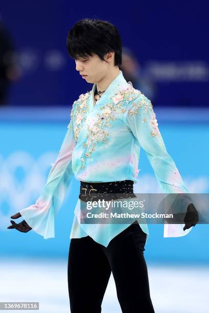 Yuzuru Hanyu of Team Japan reacts during the Men Single Skating Free Skating on day six of the Beijing 2022 Winter Olympic Games at Capital Indoor...