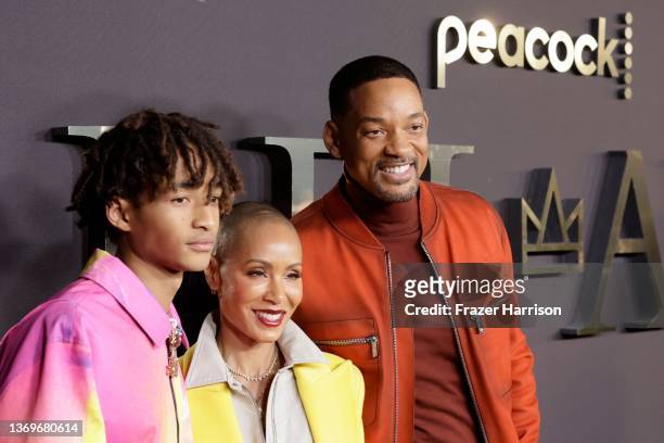 Jaden Smith, Jada Pinkett Smith, and Will Smith attend Peacock's new series "BEL-AIR" premiere party and drive-thru screening experience at Barker...