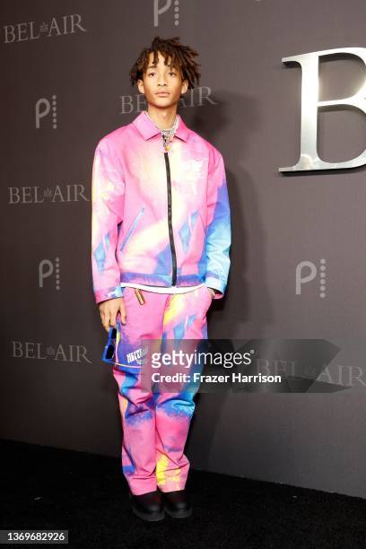 Jaden Smith attends Peacock's new series "BEL-AIR" premiere party and drive-thru screening experience at Barker Hangar on February 09, 2022 in Santa...