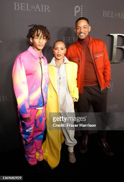 Jaden Smith, Jada Pinkett Smith, and Will Smith attend Peacock's new series "BEL-AIR" premiere party and drive-thru screening experience at Barker...