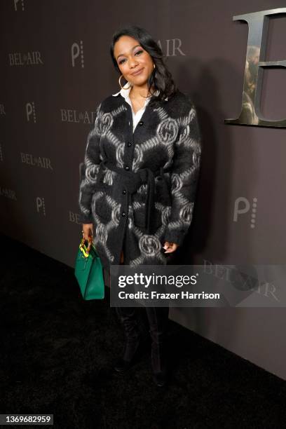 Tatyana Ali attends Peacock's new series "BEL-AIR" premiere party and drive-thru screening experience at Barker Hangar on February 09, 2022 in Santa...