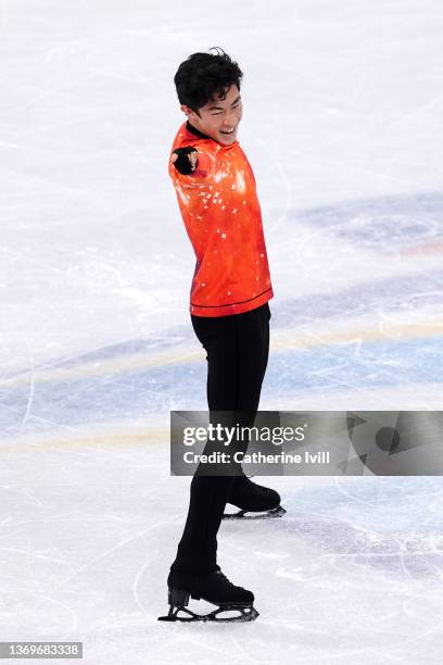 Nathan Chen of Team United States reacts during the Men Single Skating Free Skating on day six of the Beijing 2022 Winter Olympic Games at Capital...