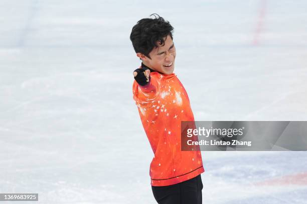 Nathan Chen of Team United States reacts during the Men Single Skating Free Skating on day six of the Beijing 2022 Winter Olympic Games at Capital...
