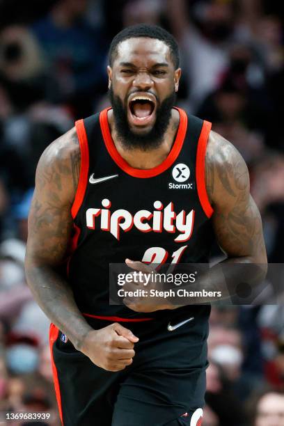 Keljin Blevins of the Portland Trail Blazers reacts after his three-point basket against the Los Angeles Lakers during the fourth quarter at Moda...