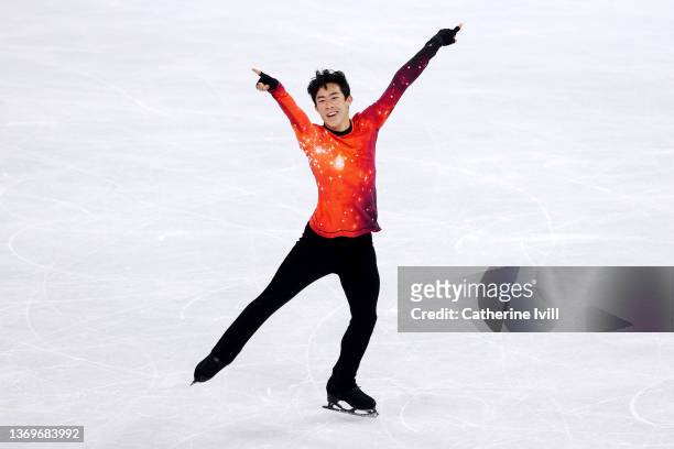 Nathan Chen of Team United States reacts during the Men Single Skating Free Skating on day six of the Beijing 2022 Winter Olympic Games at Capital...