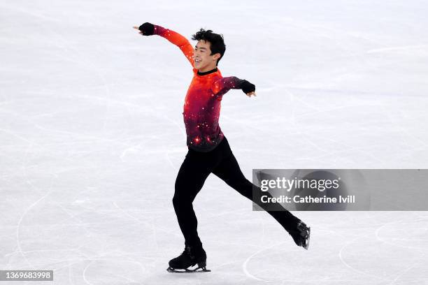 Nathan Chen of Team United States reacts during the Men Single Skating Free Skating on day six of the Beijing 2022 Winter Olympic Games at Capital...