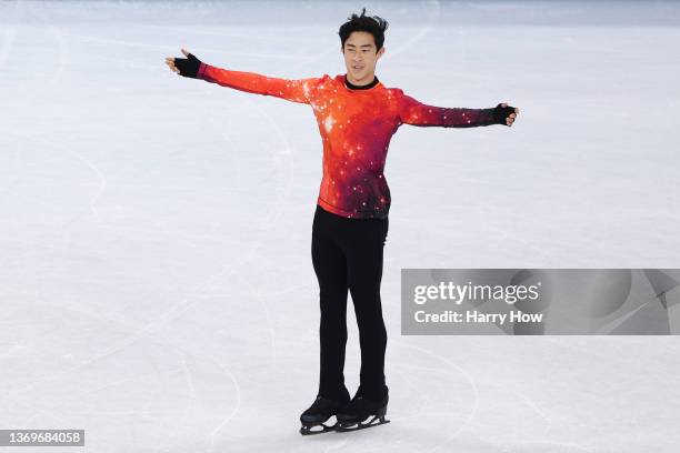 Nathan Chen of Team United States reacts during the Men Single Skating Free Skating on day six of the Beijing 2022 Winter Olympic Games at Capital...