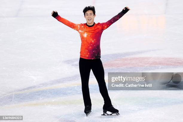 Nathan Chen of Team United States reacts during the Men Single Skating Free Skating on day six of the Beijing 2022 Winter Olympic Games at Capital...