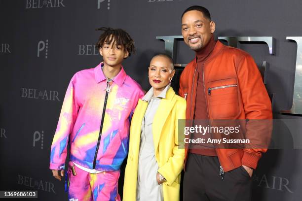 Jaden Smith, Jada Pinkett Smith,and Will Smith attend Peacock's new series "BEL-AIR" premiere party and drive-thru screening experience at Barker...