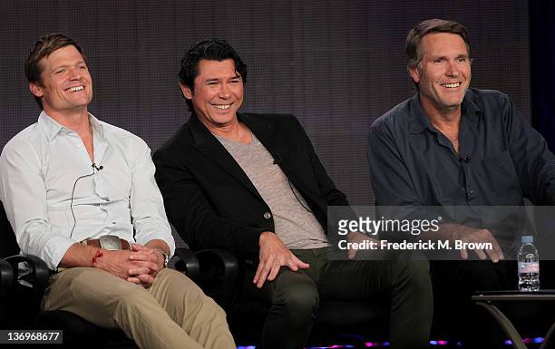 Actors Bailey Chase, Lou Diamond Phillips and Robert Taylor of "Longmire" speak at the A&E panel during the A&E Networks portion of the 2012...