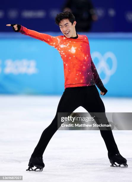 Nathan Chen of Team United States reacts during the Men Single Skating Free Skating on day six of the Beijing 2022 Winter Olympic Games at Capital...