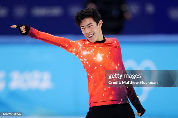 Nathan Chen of Team United States reacts during the Men Single Skating Free Skating on day six of the Beijing 2022 Winter Olympic Games at Capital...