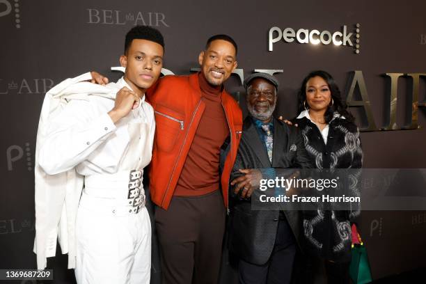 Jabari Banks, Will Smith, Joseph Marcell, and Tatyana Ali attend Peacock's new series "BEL-AIR" premiere party and drive-thru screening experience at...