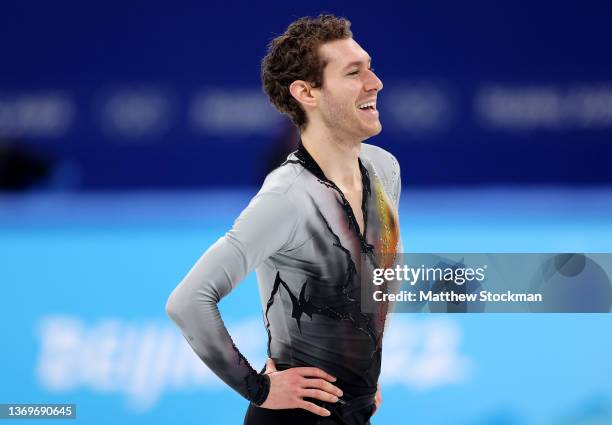 Jason Brown of Team United States reacts during the Men Single Skating Free Skating on day six of the Beijing 2022 Winter Olympic Games at Capital...