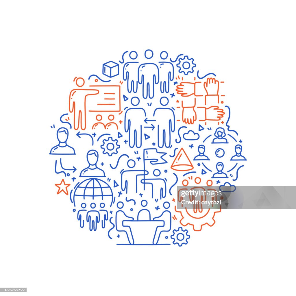 Teamwork Related Objects and Elements. Hand Drawn Vector Doodle Illustration Collection. Hand Drawn Pattern Design