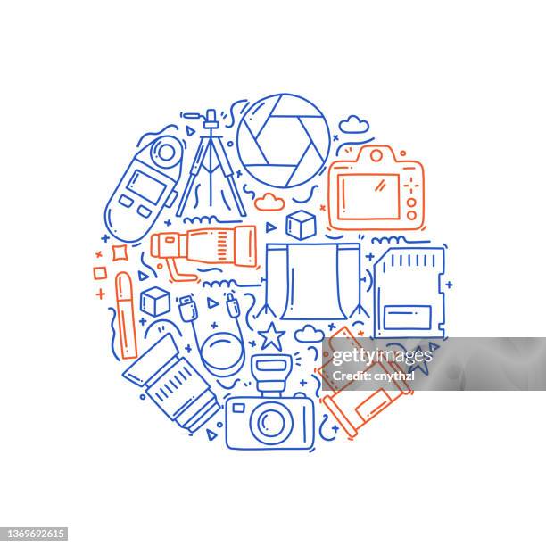 photography related objects and elements. hand drawn vector doodle illustration collection. hand drawn pattern design - reflective surface background stock illustrations