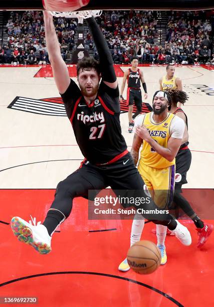 Jusuf Nurkic of the Portland Trail Blazers dunks against the Los Angeles Lakers during the third quarter at Moda Center on February 09, 2022 in...