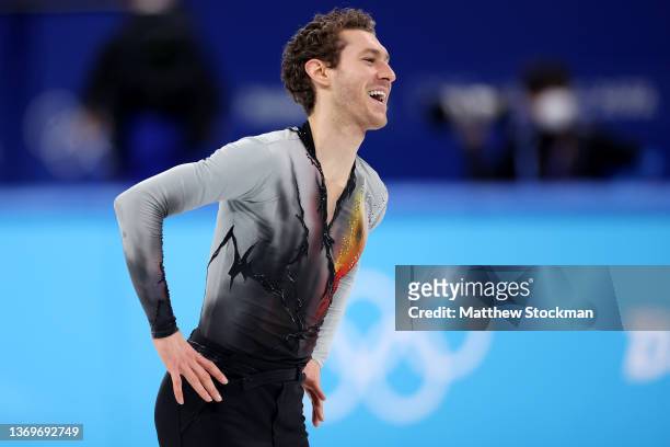 Jason Brown of Team United States reacts during the Men Single Skating Free Skating on day six of the Beijing 2022 Winter Olympic Games at Capital...