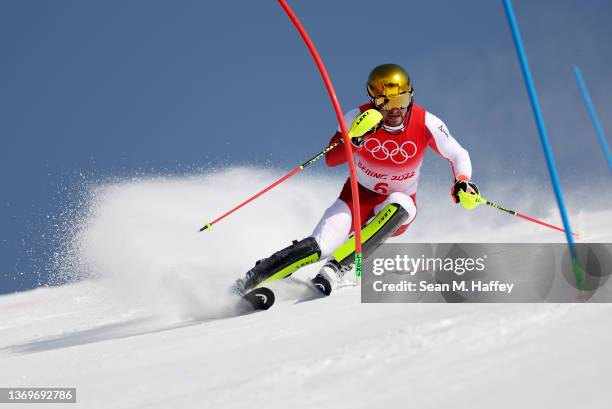 Johannes Strolz of Team Austria skis during the Men's Alpine Combined Slalom on day six of the Beijing 2022 Winter Olympic Games at National Alpine...