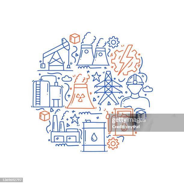 objekte und elemente im zusammenhang mit der schwer- und energieindustrie. handgezeichnete vektor-doodle-illustrationssammlung. handgezeichnetes musterdesign - refinery stock-grafiken, -clipart, -cartoons und -symbole