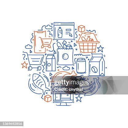 Internet Grocery Related Objects and Elements. Hand Drawn Vector Doodle Illustration Collection. Hand Drawn Pattern Design Internet Grocery Related Objects and Elements. Hand Drawn Vector Doodle Illustration Collection. Hand Drawn Pattern Design
