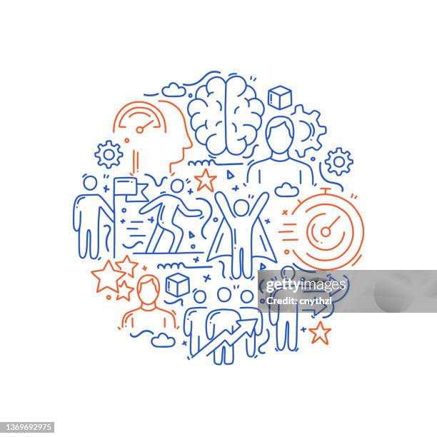 leistungsmanagement-bezogene objekte und elemente. handgezeichnete vektor-doodle-illustrationssammlung. handgezeichnetes musterdesign - schulleitung stock-grafiken, -clipart, -cartoons und -symbole