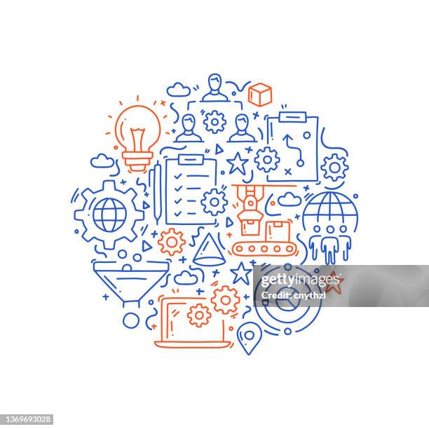 product management related objects and elements. hand drawn vector doodle illustration collection. hand drawn pattern design - performance stock illustrations stock illustrations