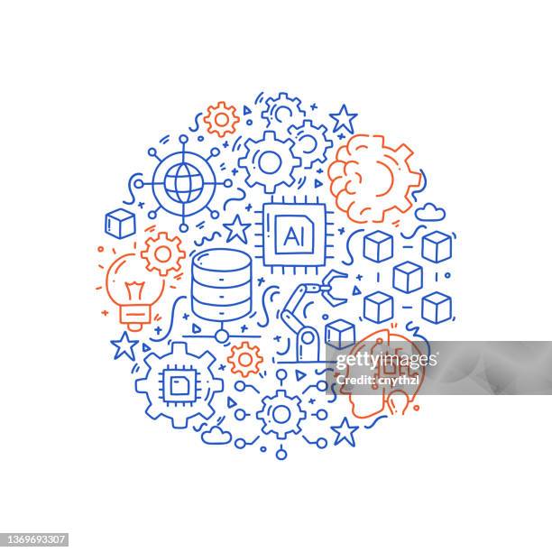 machine learning related objects and elements. hand drawn vector doodle illustration collection. hand drawn pattern design - deep learning stock illustrations