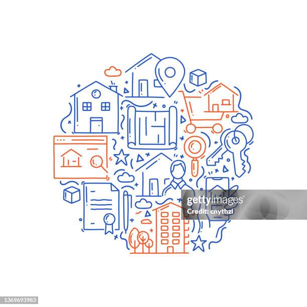 real estate related objects and elements. hand drawn vector doodle illustration collection. hand drawn pattern design - estate agency stock illustrations