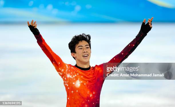 Nathan Chen of Team United States celebrates during the Men Single Skating Free Skating on day six of the Beijing 2022 Winter Olympic Games at...
