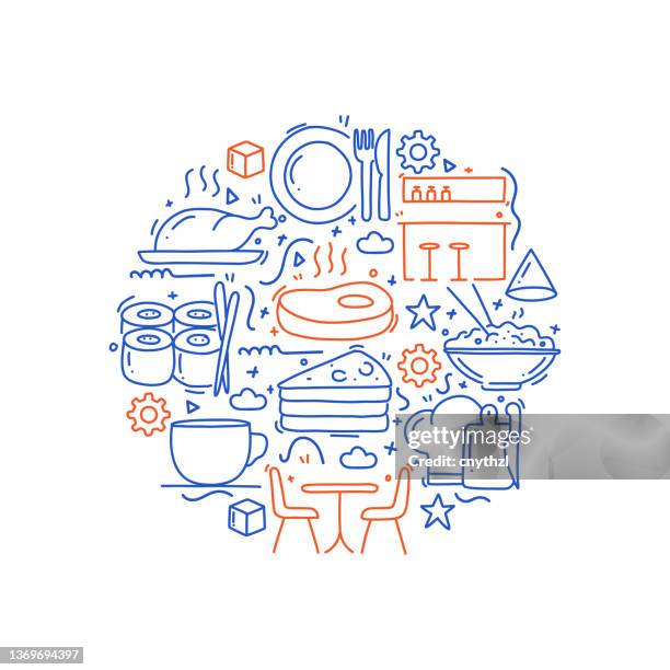 ilustraciones, imágenes clip art, dibujos animados e iconos de stock de objetos y elementos relacionados con restaurantes y alimentos. colección de ilustraciones de garabatos vectoriales dibujados a mano. diseño de patrones dibujados a mano - chef