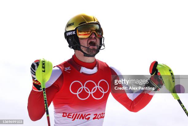 Johannes Strolz of Team Austria celebrates after he makes a run during the Men's Alpine Combined on day six of the Beijing 2022 Winter Olympic Games...