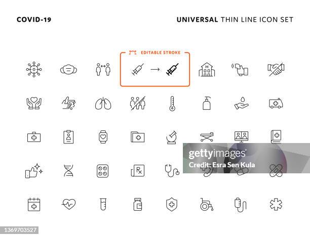 covid-19 universal thin line icon set - fever thermometer stock illustrations