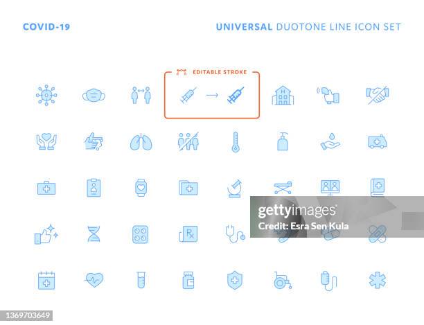 covid-19 universal duotone flat line icon set - two tone color 幅插畫檔、美工圖案、卡通及圖標