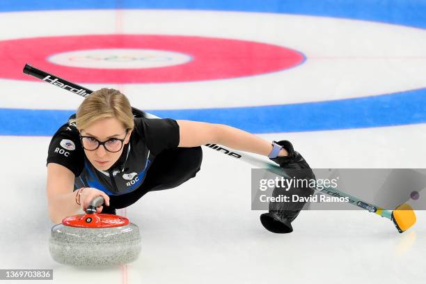 Galina Arsenkina of Team ROC competes against Team United States during the Women's Round Robin Session One on Day 6 of the Beijing 2022 Winter...