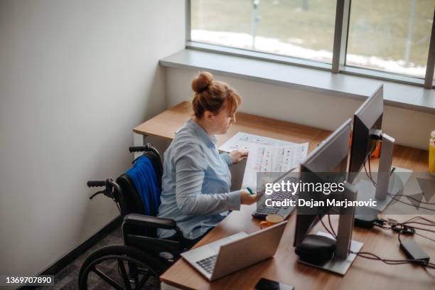 working in wheelchair - disabled sign imagens e fotografias de stock