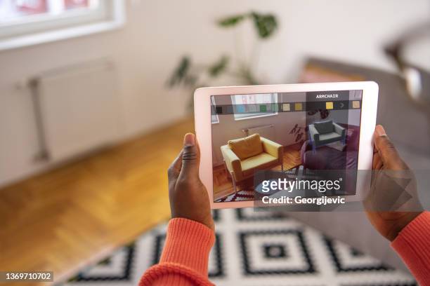 augmented reality-interior design - tablet 3d stock pictures, royalty-free photos & images