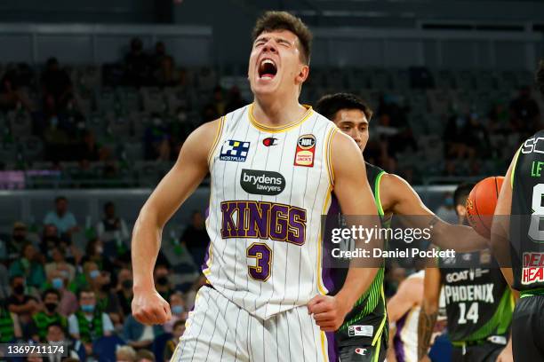 Dejan Vasiljevic of the Kings celebrates a Thomas Vodanovich of the Kings 3-pointer during the round 11 NBL match between South East Melbourne...