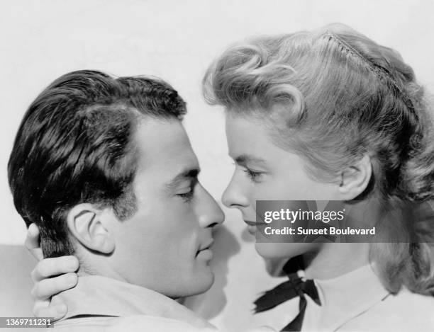 American actor Gregory Peck and Swedish actress Ingrid Bergman on the set of Spellbound.