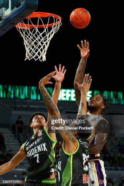 Jarell Martin of the Kings shoots during the round 11 NBL match between South East Melbourne Phoenix and Sydney Kings at John Cain Arena on February...