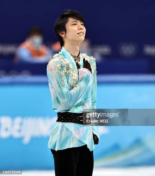 Yuzuru Hanyu of Team Japan reacts during the Men Single Skating Free Skating on Day 6 of the Beijing 2022 Winter Olympic Games at Capital Indoor...