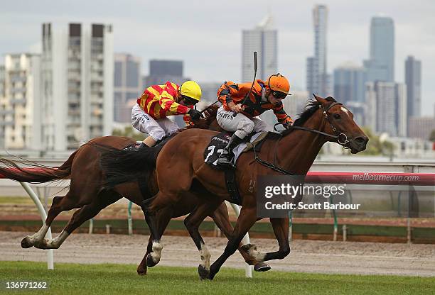 Jockey Peter Mertens rides Over Quota to win race 5 the Comedy King Handicap during Chester Manifold Stakes Day at Flemington Racecourse on January...