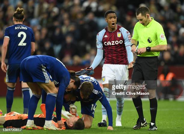 Ezri Konsa of Aston Villa reacts towards referee Jarred Gillett after his clash with Illan Meslier of Leeds United which later leads to a red card...