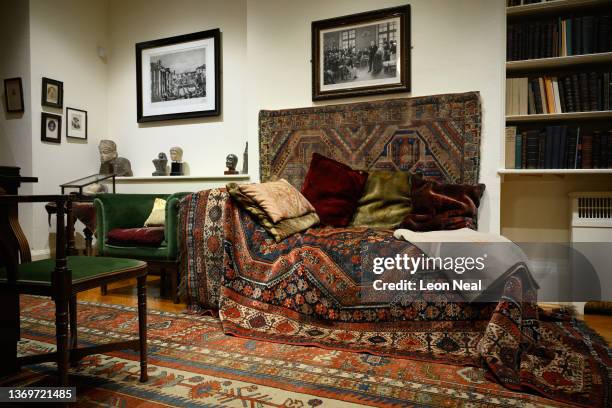 The patient's couch belonging to psychoanalyst Sigmund Freud is seen at the Freud Museum on February 10, 2022 in London, England. The Museum...