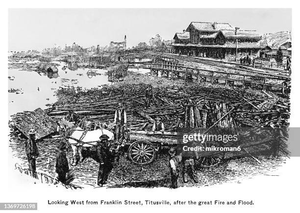 old illustration of view from franklin street, titusville, after the great fire and flood (june, 1892) - titusville florida fotografías e imágenes de stock