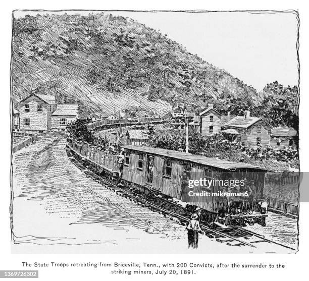 old engraved illustration of coal creek war - the state troops retreating from briceville, tennessee , with 200 convicts, after the surrender to the striking miners, july 1891 - 1891 stock pictures, royalty-free photos & images