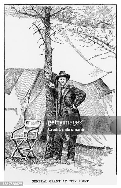 old engraved illustration of general ulysses s. grant at city point - ulysses s grant stock pictures, royalty-free photos & images