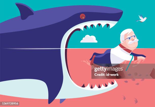 big shark going to eat senior man - great white shark stock illustrations