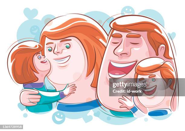 fröhliche kinder umarmen eltern - mutter kind lachen zuhause stock-grafiken, -clipart, -cartoons und -symbole